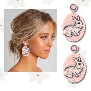 Pearl & Crystal Accent Easter Bunny Seed Beaded Statement Gift Earrings NEW